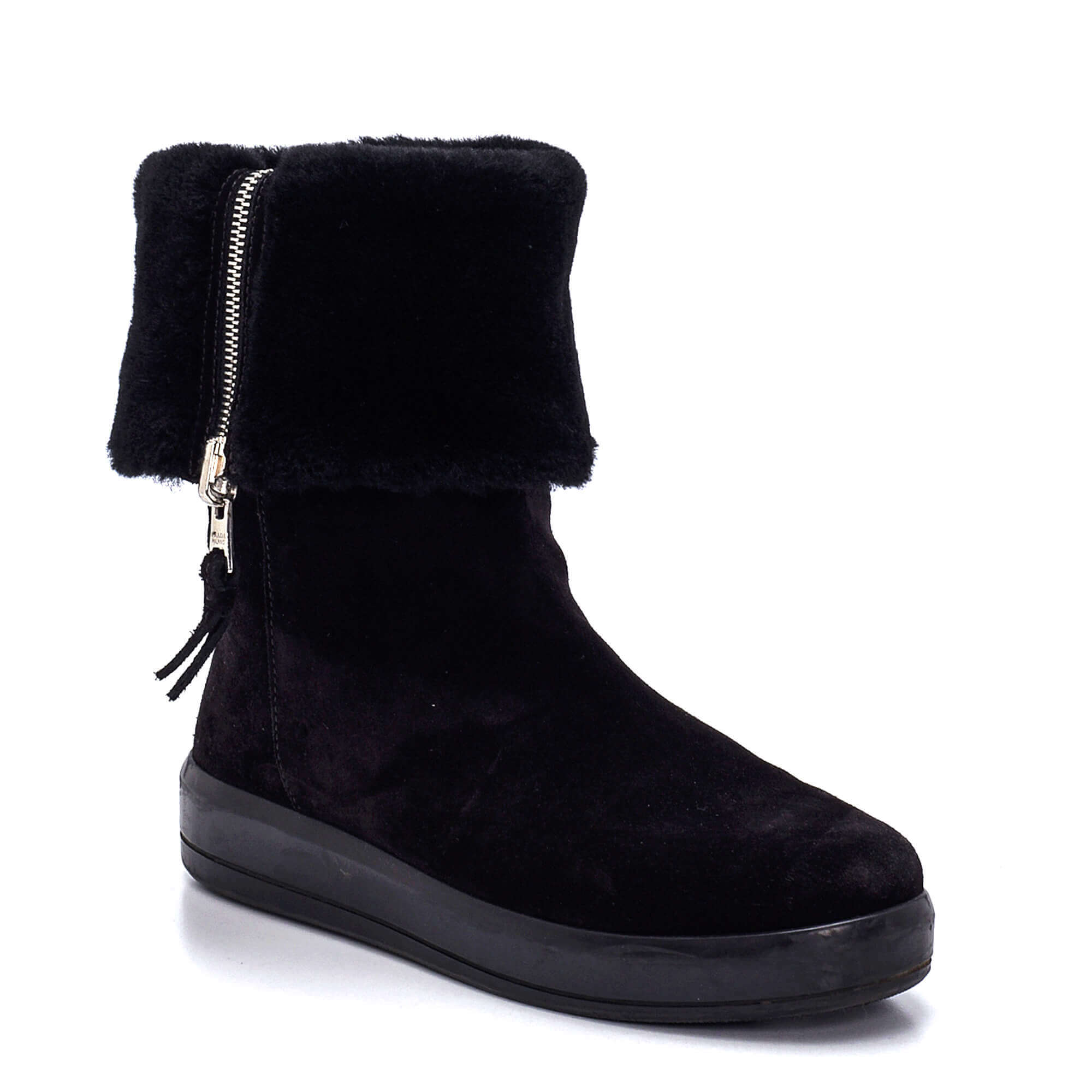 Prada - Black Suede Fur Trimmed Zipped Boots